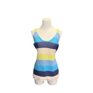Design 365 Womens XL Cotton Crochet Knit Striped Boho Scalloped Hem Tank Top
